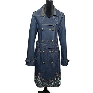 Tracy Porter Vintage Embroidered Denim Jacket Trench Coat